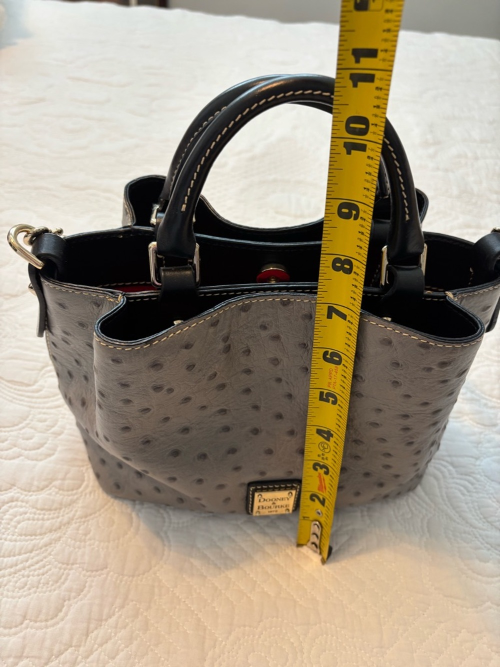 Dooney & Bourke Mini Barlow Gray Ostrich-Embossed Satchel with Black Handles - Picture 2 of 13